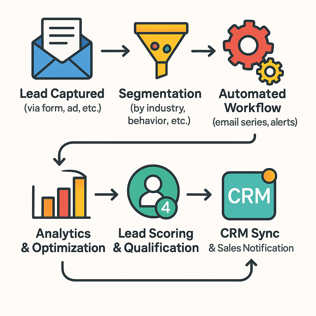 Infografik zur Veranschaulichung des Prozesses der Marketingautomatisierung, einschließlich Schritten wie Lead-Erfassung, Segmentierung, automatisierte Workflows, Lead-Bewertung, CRM-Synchronisierung und Analyse. Marketer können personalisierte, zeitnahe Inhalte bereitstellen, die potenzielle Kunden durch den Kaufprozess begleiten.