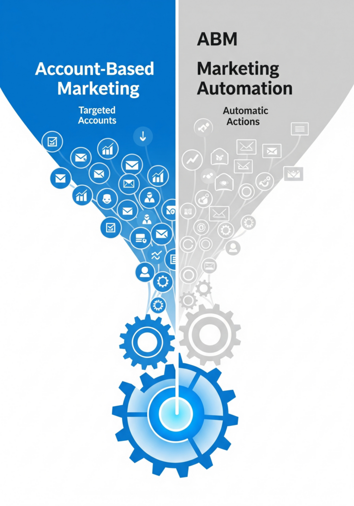 Vertical graphic showing Account-Based Marketing (ABM) and Marketing Automation integrating with gears for efficient B2B strategy.