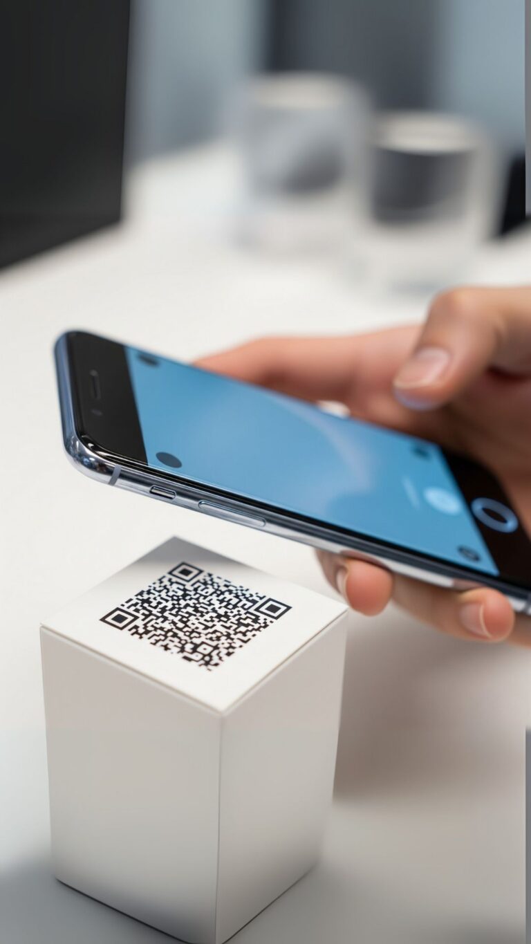A person holds a smartphone to scan a QR code on a product box. The QR code is in sharp focus, while the phone's screen is slightly blurred, emphasizing the scanning action for a Digital Product Passport in a bright, modern setting.