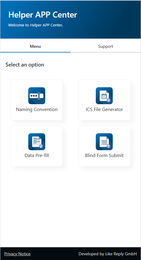 Applications to choose from Helper App Center