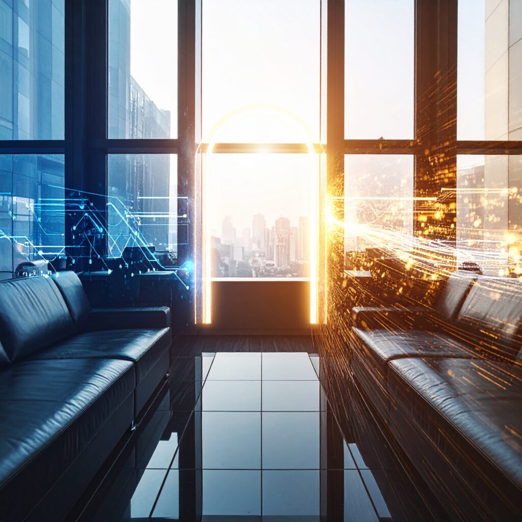 Mautic_Inside a sophisticated, modern executive lounge with large windows