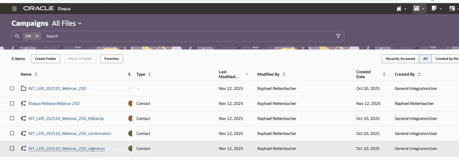 2. After synchronization, Eloqua automatically generates all campaign folders and assets based on the data received from Marmind.