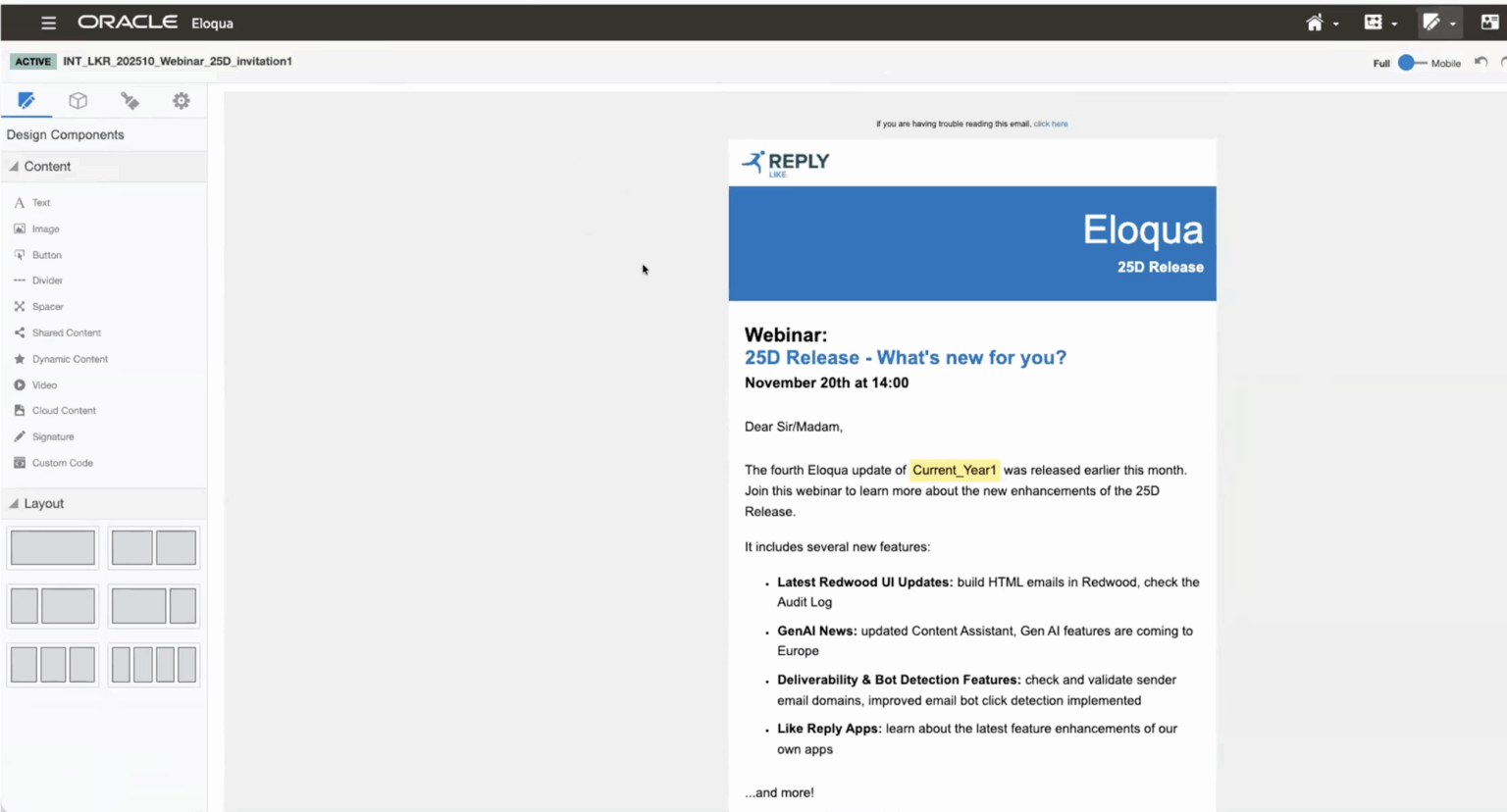 4. The email assets automatically produced from Marmind inputs can now be reviewed and edited directly within Eloqua’s email designer.