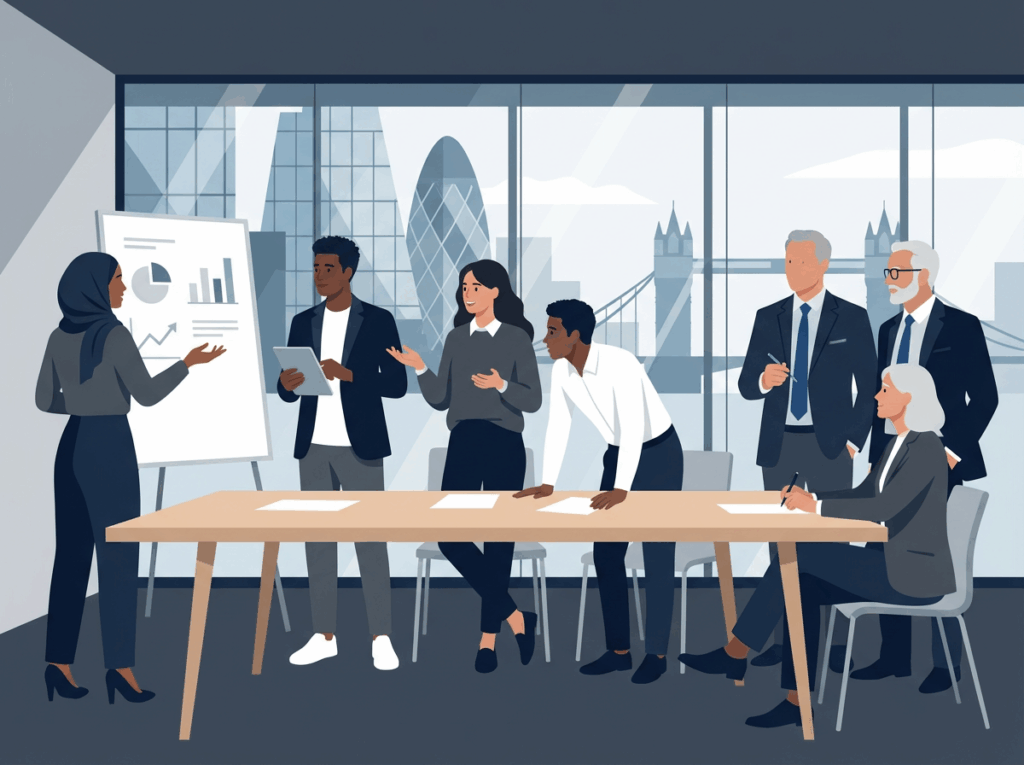 Diverse young entrepreneurs pitching their startups to business mentors in a modern office.