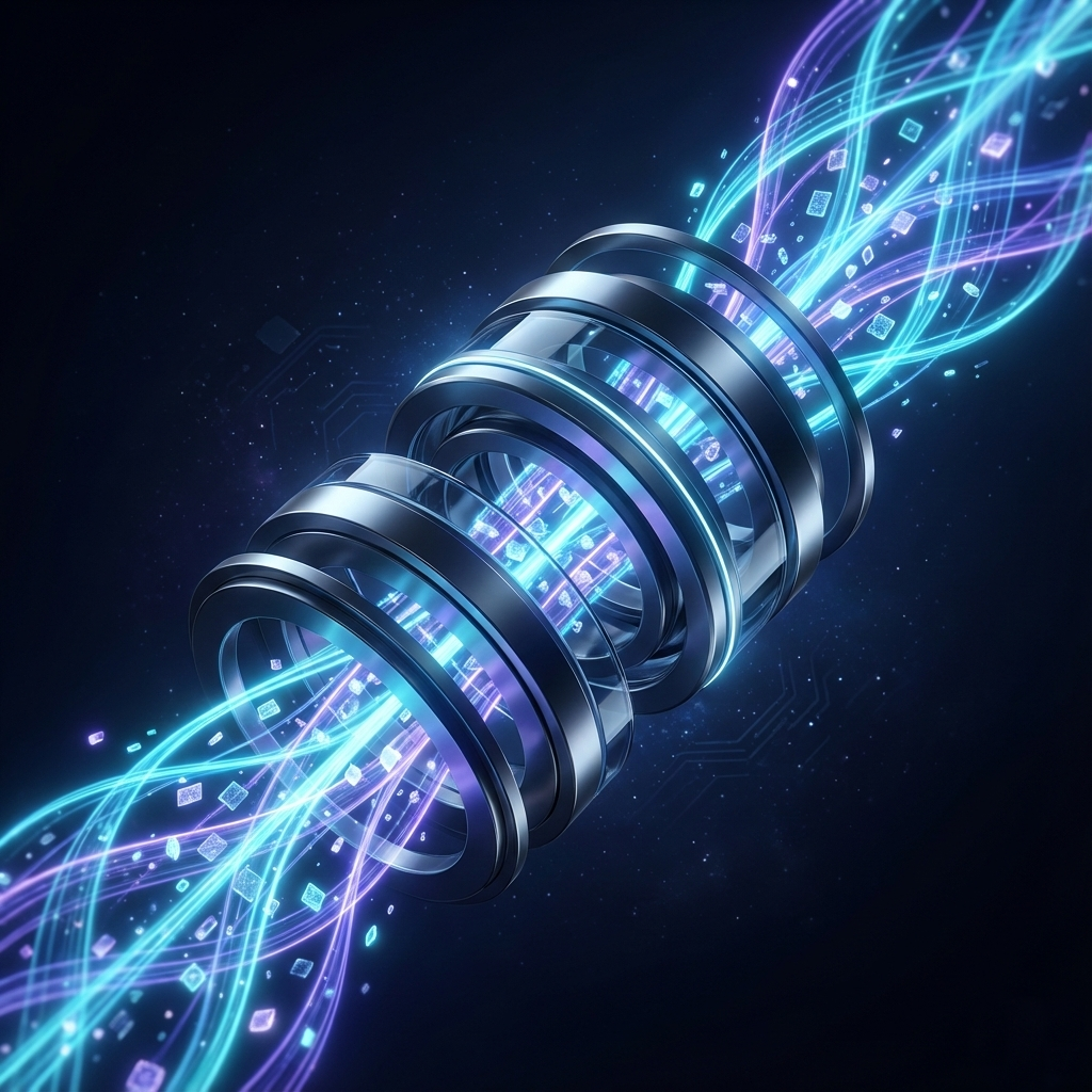 Abstract flowing light ribbons and particles moving through a central core, representing an AI-driven marketing engine and content pipeline.