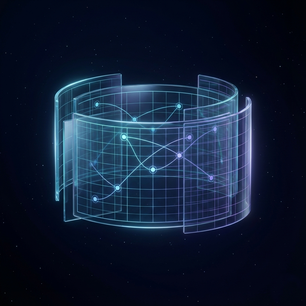 Abstract holographic blueprint with connected nodes and pathways, symbolizing an AI maturity assessment and implementation roadmap.