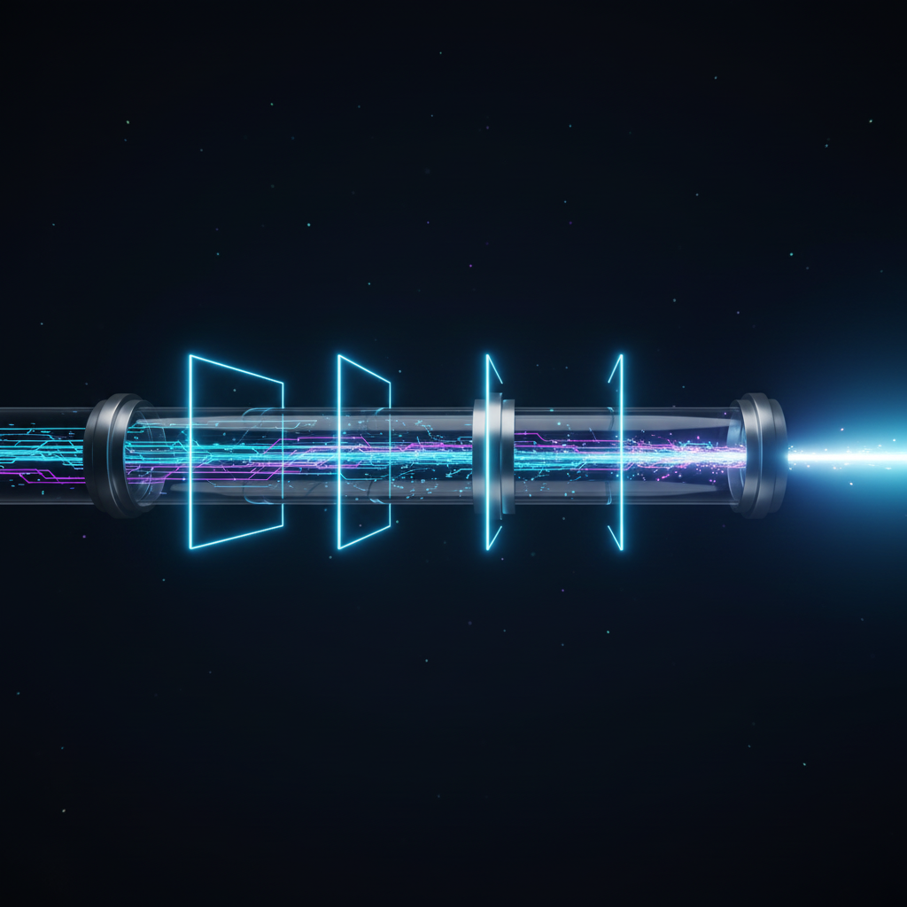 Abstract luminous pipeline with structured checkpoints and moving particles, representing lead enrichment, scoring, and sales acceleration.