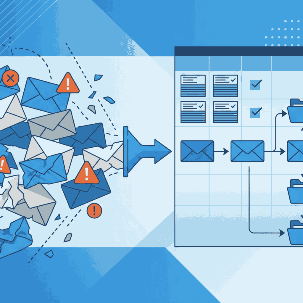 Split illustration of messy email data turning into organised, clean records to represent Festo’s email data cleanup and bounce reduction.