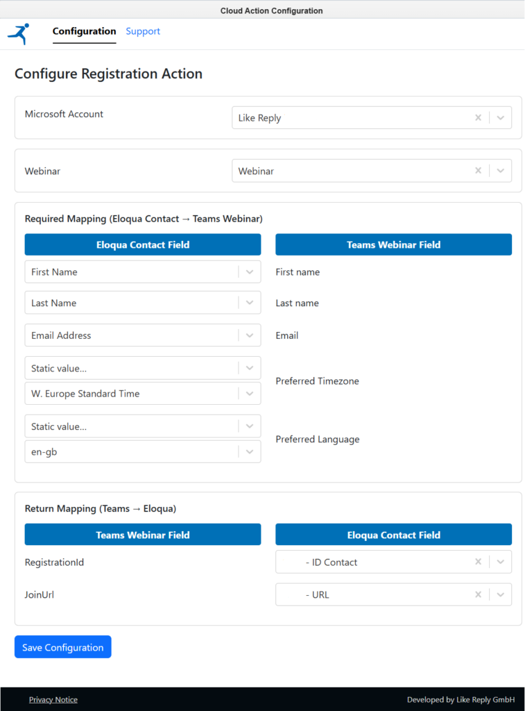 Cloud Action Configuration "Configure the registration action in a few clicks: select your Microsoft 365 account and webinar, map Eloqua contact fields to Teams, and define where the personal JoinUrl and RegistrationId are stored back in Eloqua."