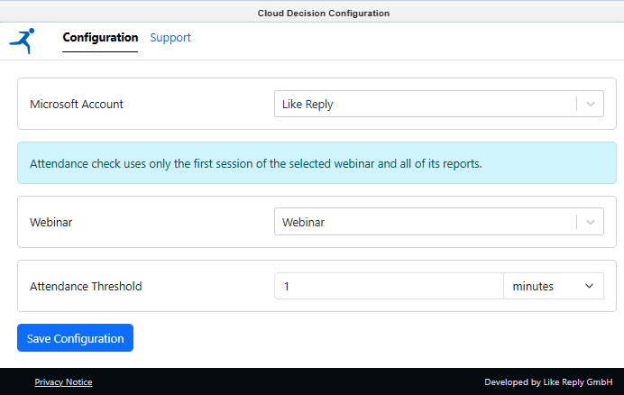 Cloud Decision Configuration "Define the minimum attendance duration in minutes. Contacts who stayed at least that long follow the Attended path; everyone else is routed to the Not Attended path — no manual list exports or attendance CSV juggling required."