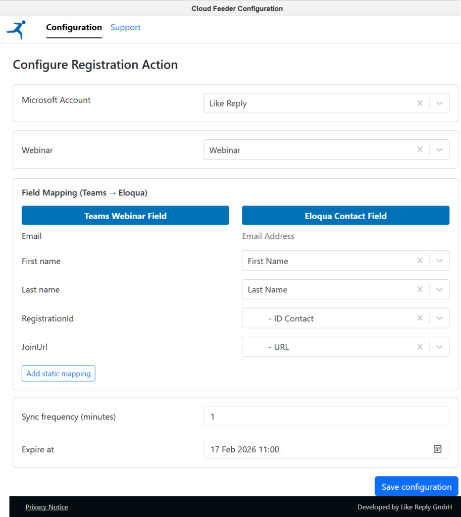 Cloud Feeder Configuration "Set up bidirectional sync between Teams and Eloqua. Map registration fields, define how often the feeder checks for new registrants, and set an expiration date — ensuring every participant ends up in your campaign regardless of how they signed up."
