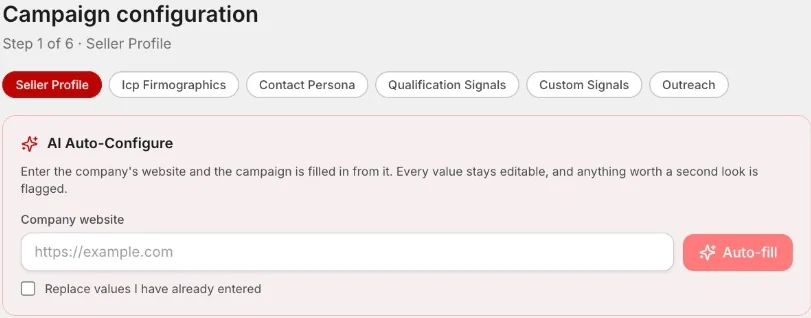 AI auto-configure: enter a company website to pre-fill the campaign